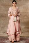 Buy Peach Georgette Round Embroidered Anarkali Sharara Set For Women By