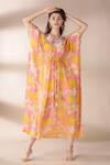 Buy Yellow Bamberg Crepe Embroidery V Neck Floral Print Kaftan For