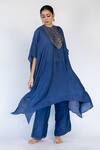 Buy Blue Cotton Silk Embroidered Thread Floral Bodice Kaftan With Pant