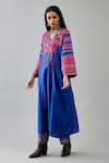 Buy Blue Silk Embroidered Thread V Neck Yoke Long Kurta And Pant Set