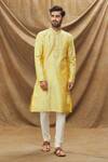 Buy Yellow Kurta Jacquard Banarasi Silk Paisley Pattern Set For Men By