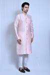 Buy Peach Banglori Silk Mosaic Bloom Embroidered Band Collar Kurta With