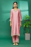 Buy Pink Kurta And Pant Pure Spun Silk Embroidered Floral V Neck Hand