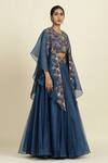 Buy Blue Lehenga Organza Hand Embroidered Thread Cape Open Ruffle Set