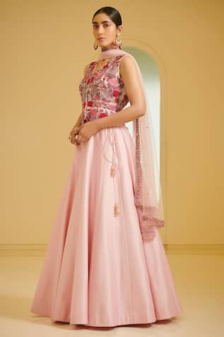 Buy Varun Bahl Pink Modal Dupion Embroidered Gillet And Lehenga Set