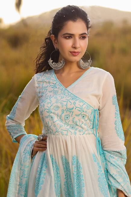 Buy Bairaas Blue Mulmul Hand Block Print Angrakha Sharara Set Online