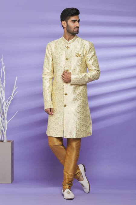 Buy Cream Banarasi Jacquard Woven Floral Pattern Sherwani And Churidar