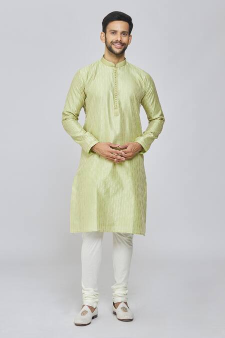 Buy Green Kurta Chanderi Silk Embroidered Thread Work Set For Men By