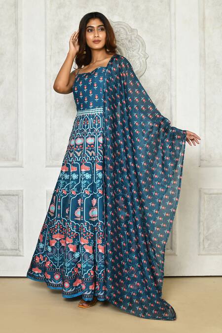 Buy Blue Anarkali Silk Cotton Print Floral Square Abstract And Calico