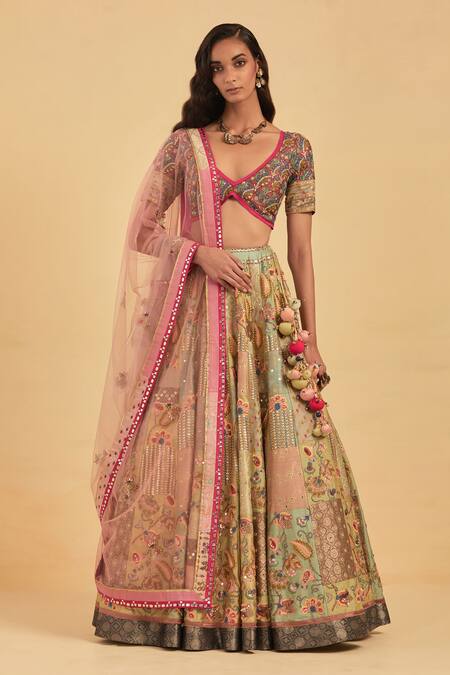 Buy Green Silk Hand Embroidered Zardozi Work And Panelled Bridal