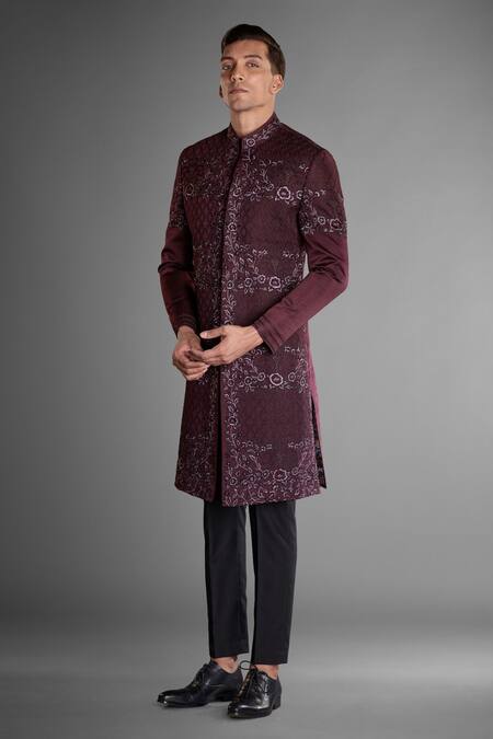 Buy Maroon Silk Linen Embroidered Floral Sherwani Set For Men By More