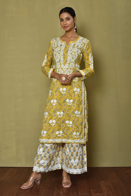 Buy Yellow Mul Cotton Handblock Print Floral Notched Blossom Kurta With