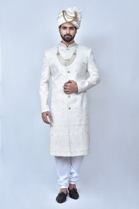 Buy Cream Silk Blend Embroidery Thread Sherwani Set For Men By Khwaab