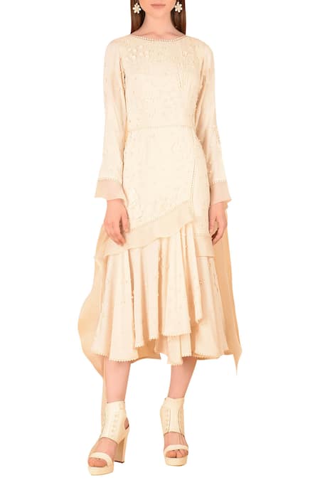 Buy Beige Rayon Round Embroidered Midi Dress For Women By Sahil Kochhar