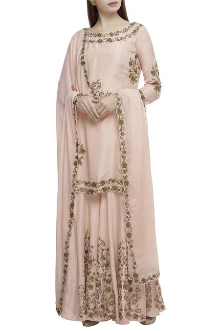 Buy Peach Tussar Silk Round Embroidered Kurta Sharara Set For Women By