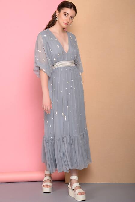 Buy Blue Bemberg Chiffon Plunge Neck Embellished Midi Dress For Women