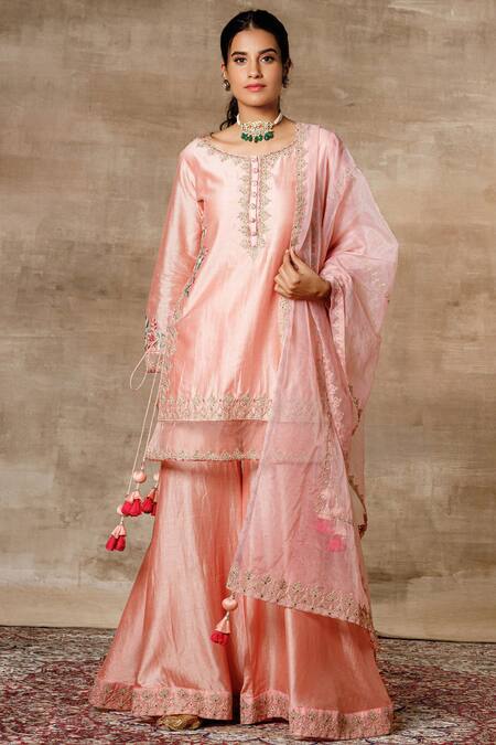 Buy Peach Chanderi Round Kurta Sharara Set For Women By Ajiesh Oberoi