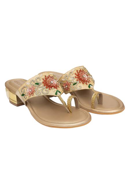 Buy Gold Embroidered Kef Kolhapuri Block Heels By Kkarma Online At Aza