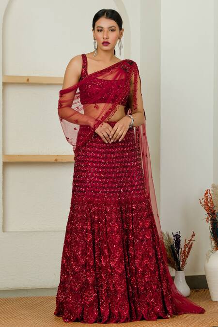 Buy Red Net Lining Shantoon Embroidery Sequin Square Neck Lehenga Set