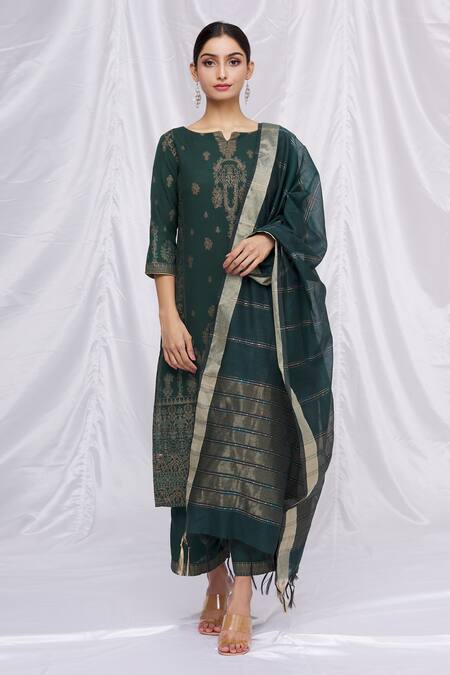 Buy Green Cotton Blend Printed Floral Notched Kurta Set For Women By