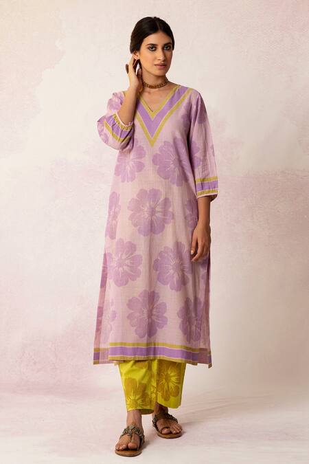 Buy Purple Handloom Cotton Hand Block Print Floral V Neck Bahaar Kurta