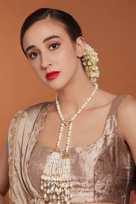 Buy Grey Kundan Polkis Pearl Shawl Necklace By Joules By Radhika Online