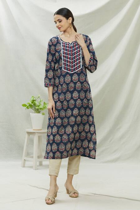 Buy Blue Cotton Printed And Embroidered Floral Notched Round Neck Kurta