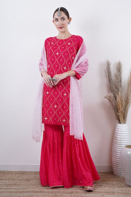 Buy Pink Upada Silk Embroidery Cutdana Round Kurta Sharara Set For