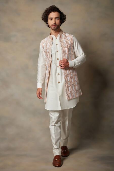 Buy Pink Cotton Silk Embroidered Applique Geometric Bundi And Kurta Set