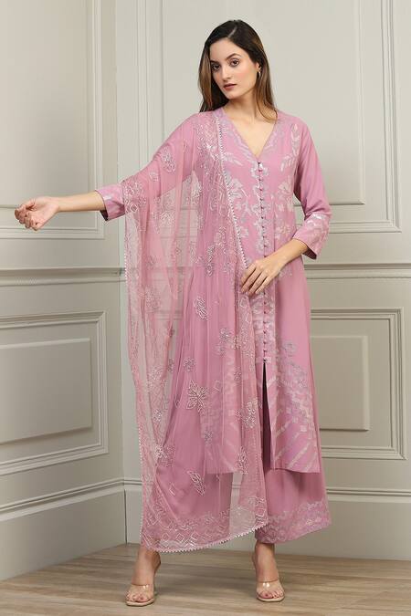 Buy Purple Crepe Embroidery Sequin V Neck Floral Kurta Set For Women By