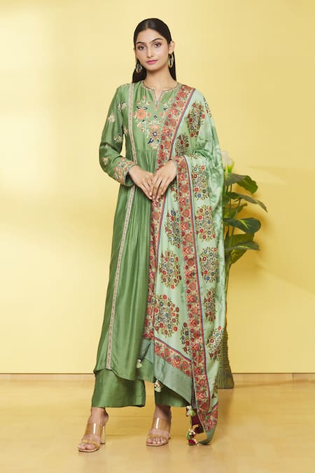 Buy Green Kurta Cotton Silk Embroidery Zari Notched Floral Anarkali