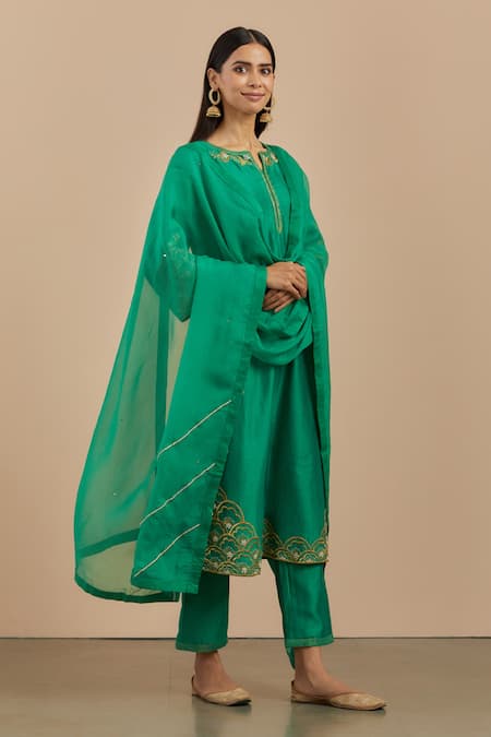 Buy Green Chanderi Silk Embroidered Thread Work Notched Round Neck