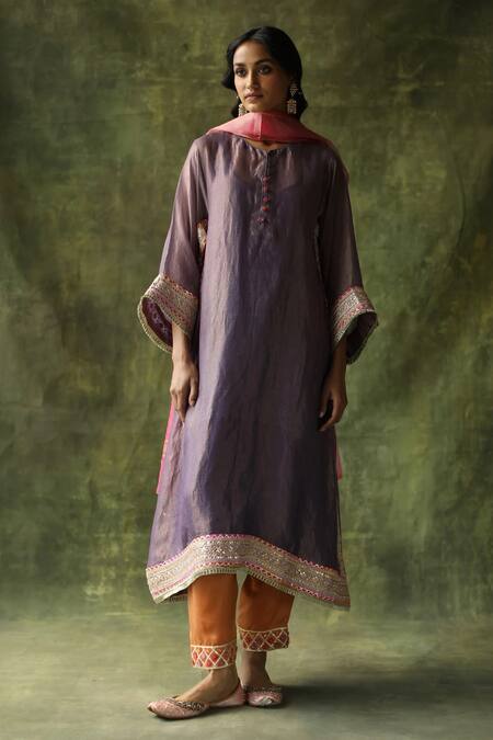 Buy Purple Chanderi Silk Embroidery Gota V Neck Dia Set For Women By