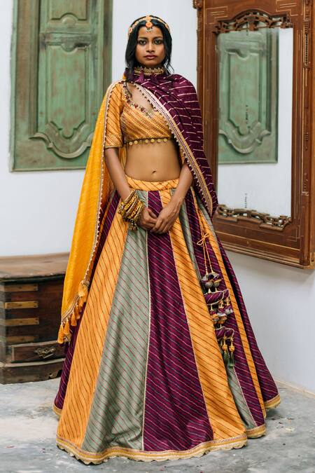 Buy Multi Color Silk Digital Print Leheriya Leaf Neck Lehenga Set For