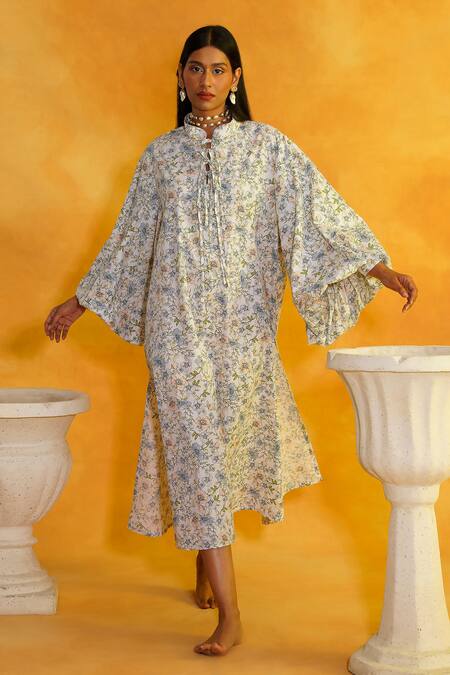 Buy Ivory Cotton Printed Floral Mandarin Collar Balloon Sleeve Dress