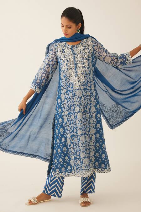 Buy Blue Kurta And Dupatta Silk Chanderi Hand Block Printed Floral