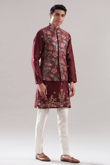 Buy Maroon Bundi Cotton Silk Printed Floral With Kurta Set For Men By