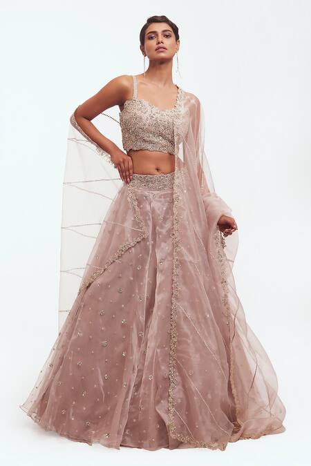 Buy Peach Organza Embellished Cut Dana Floral Sequin Lehenga Set For