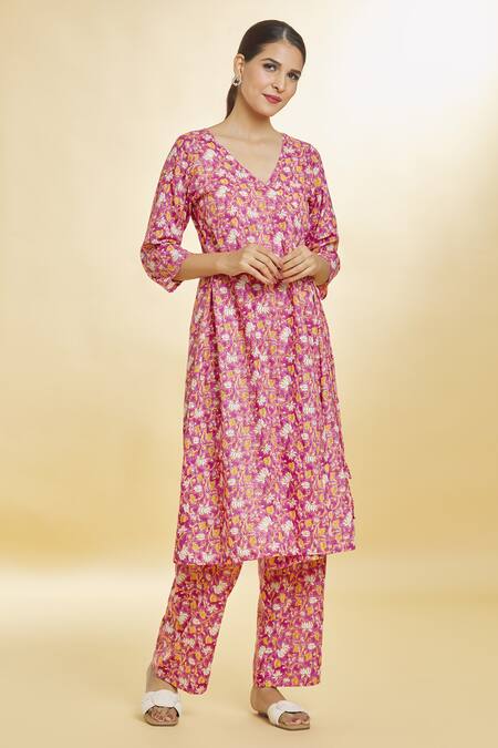 Buy Pink Cotton Print Floral V Neck A Line Kurta With Palazzo For Women