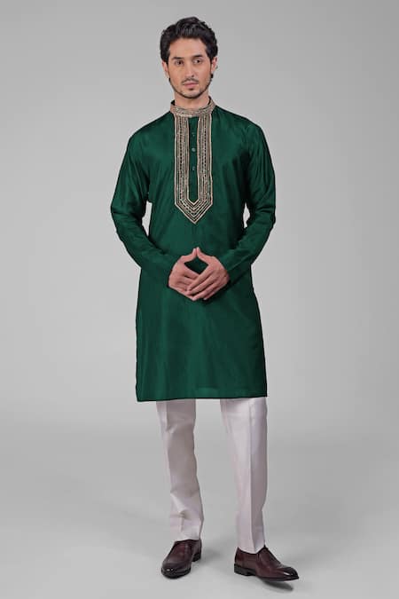 Buy Green Silk Embroidered Sequins Straight Kurta For Men By Talking