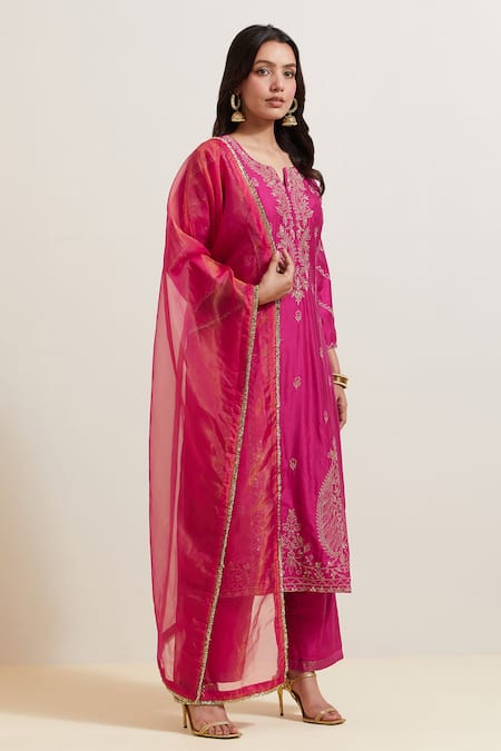 Buy Pink Chanderi Silk Embroidered Floral And Paisley Notched Kurta Set