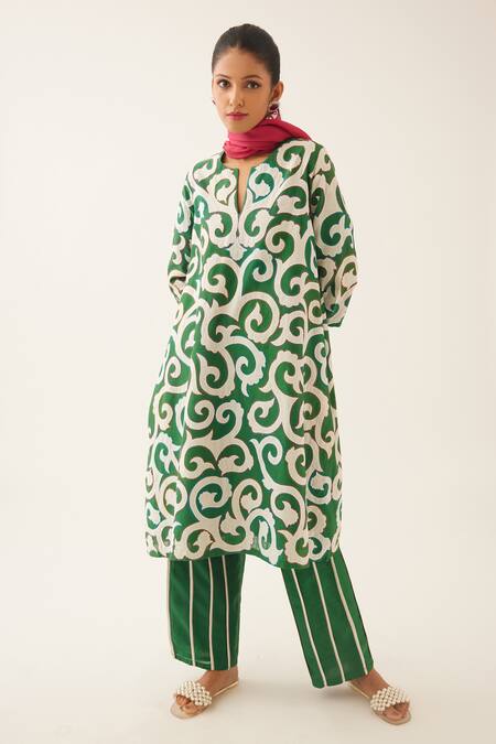 Buy Green Kurta And Pant Silk Chanderi Embroidered Trellis Pattern Set