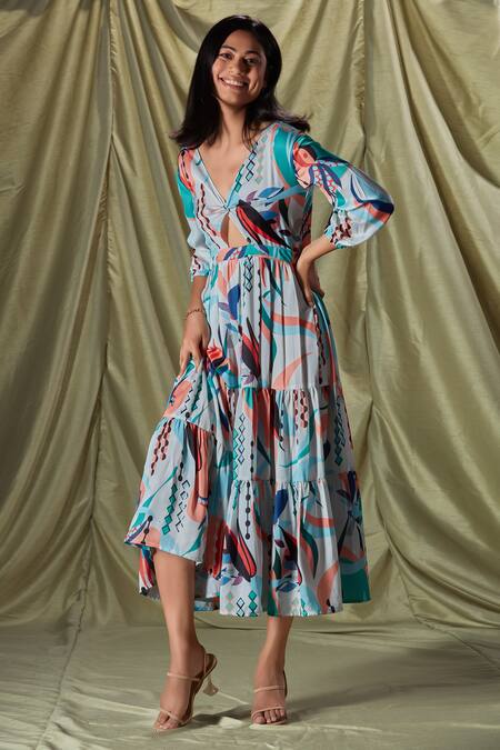 Buy White Modal Satin Printed Tropical Deep V Neck Dress For Women By