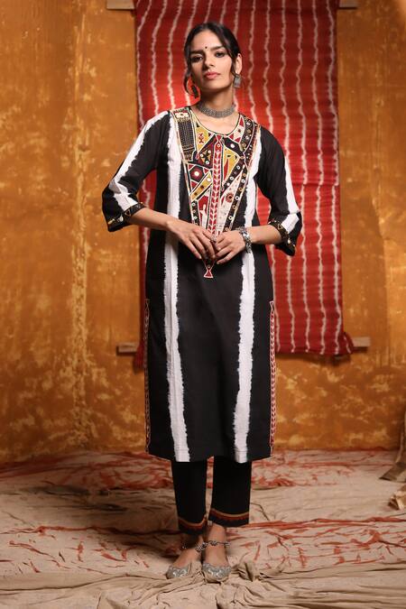 Buy Black Cotton Embroidery Thread Round Mirror Yoke Kurta And Pant Set