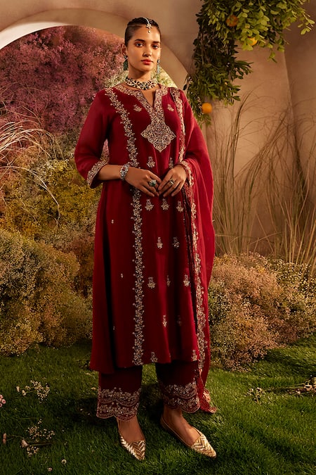 Buy Maroon Soft Chanderi Embroidered Notched Anarkali And Palazzo Set