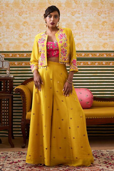 Buy Yellow Chanderi Silk Embroidered Mehr Floral Jacket Flared Pant Set