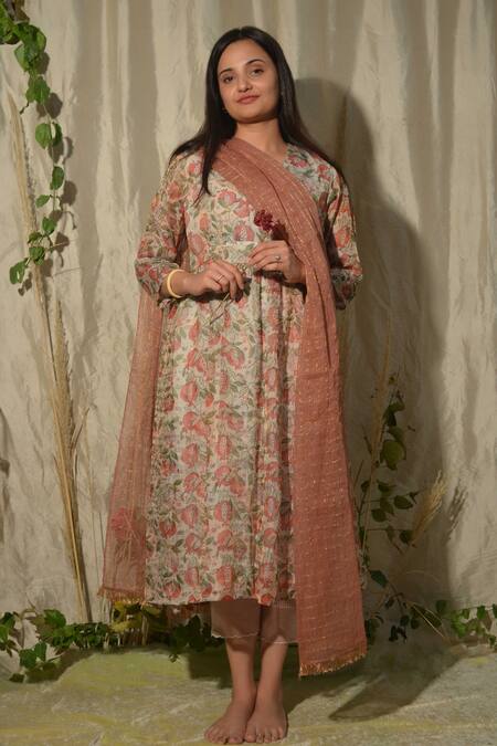 Buy Peach Tissue Silk Printed Pomegranate Angrakha Anarkali Pant Set