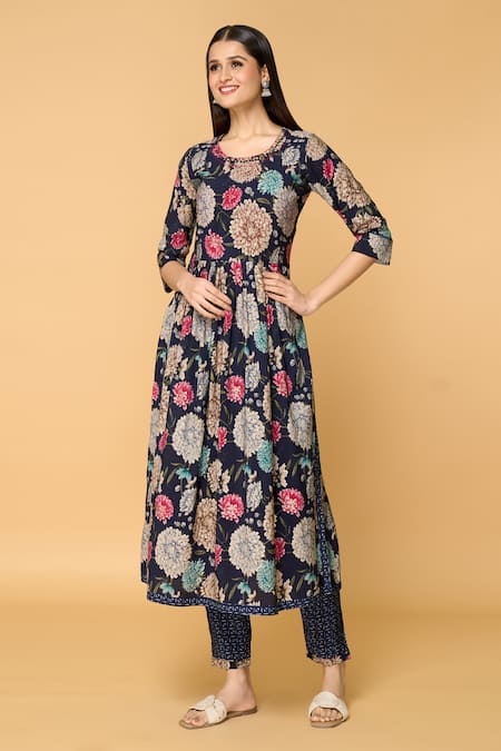 Buy Blue Muslin Embellished Mirror Work Floral Print Anarkali With Pant