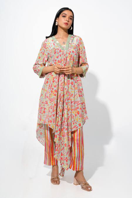 Buy Green Bemberg Crepe Printed Floral V Neck Asymmetric Kurta With