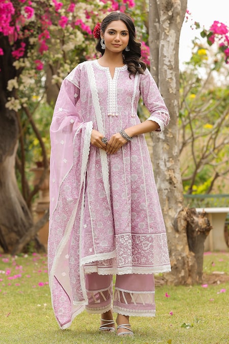 Buy Purple Kurta And Pant Cotton Printed Botanical Notched Garden